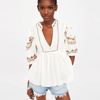 White Boho Blouse Floral Embroidery