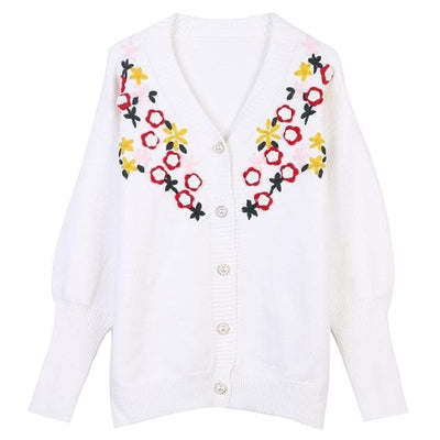 Floral Embroidered Loose Knit Cardigan - Boho Chic Clothing 