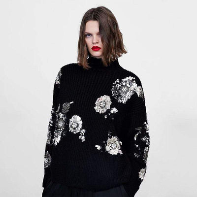 Women Sequined Flower Knitted Sweater