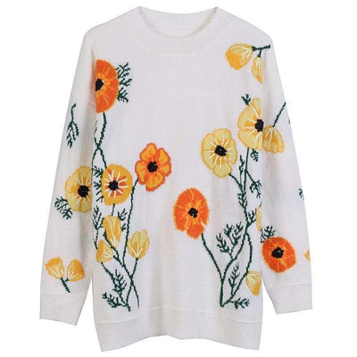 White Floral Loose Sweater - Boho Chic Clothing 