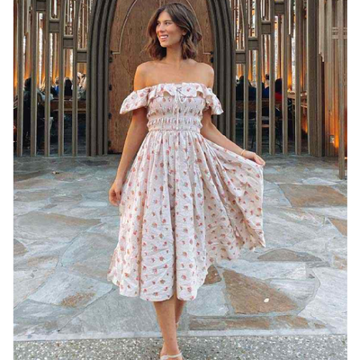 Backless Midi Prom Dress off shoulder with a model walking 