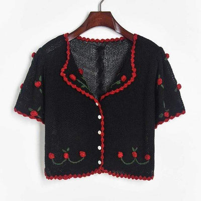 Cherry Contrast Embroidered Cardigan - Boho Chic Clothing 