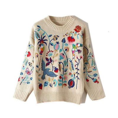 Embroidered Flower Sweater - Boho Chic Clothing 