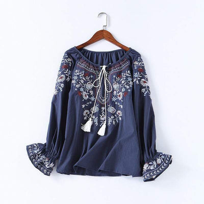 bohochicclothing Floral Embroidery Lace-up Blouse boho  chic clothing 
