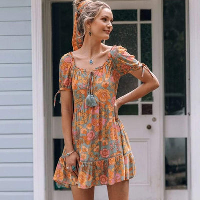 bohochicclothing Jastie Summer Tie Front V Neck Dress Sexy Floral Print Mini Dresses Women Short Sleeve Floral Print Dress Casual Beach Dresses boho  chic clothing 