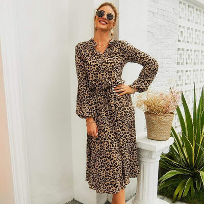 Midi Leopard Dress Long Sleeve - Boho Chic Clothing 