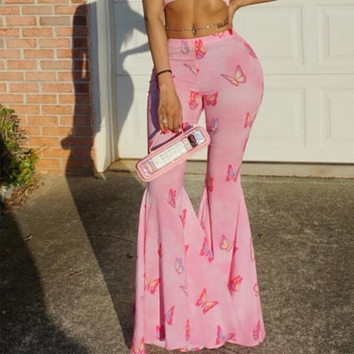 Pink Butterfly Print Flare Pants