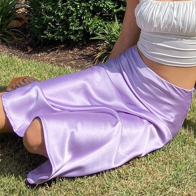 bohochicclothing Silk Midi Skirts Women Purple Knee Length A Line Hem Slim Skirts Autumn 2020 Fashion Office Lady Chic Elegant Femme Jupes boho  chic clothing 