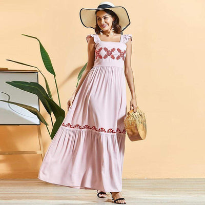 bohochicclothing Sweet Pink Pleated Embroidered Dress boho  chic clothing 