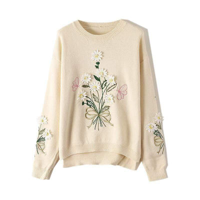Vintage Floral Embroidered Knitted Sweater - Boho Chic Clothing 