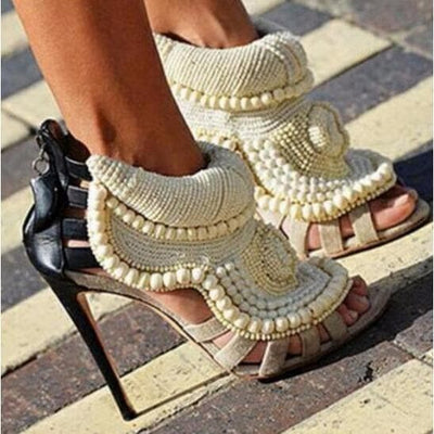 Peep Toe Handmade Pearl Beads Sandals