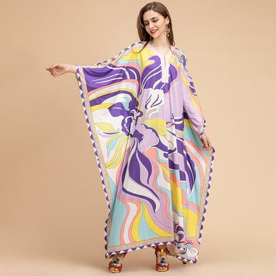 Fashionable Batwing Maxi Dress close-up front and right-side view butterfly sleeve paired with accessories.