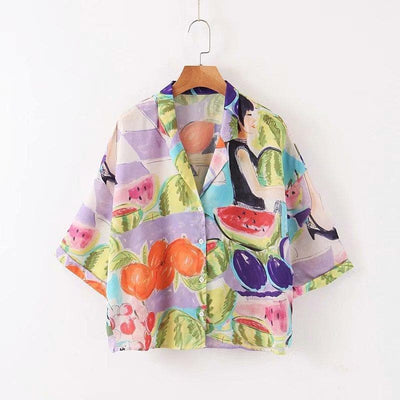 Fruit Print Batwing Blouse front view in hanger.