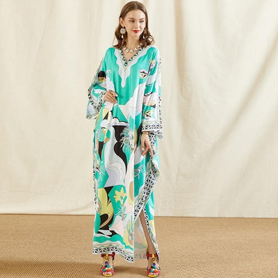 A lady wearing Batwing Sleeve Knitting Loose Maxi Dress front view paired with accessories and colorful sandals.