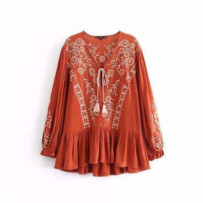 Vintage Floral Embroidered Lace-Up Blouse