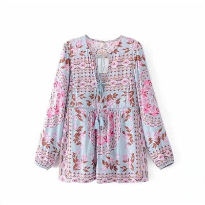 Bohemian Floral Print Tunic Blouse full front view 