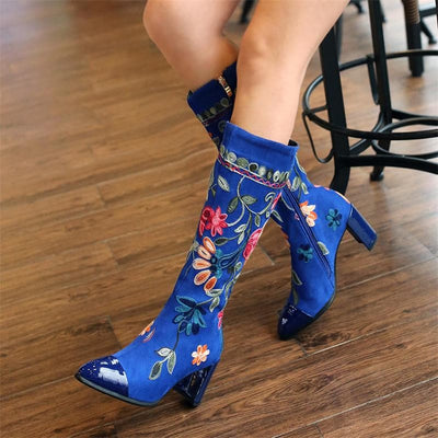 Embroidered Floral Knee-High Boots